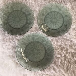 3 Acoroc Green Glass Salad Dessert Bread Plates Grape Vine France Minos 70s Vtg